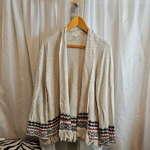 Style & Co. Cream and Black Patterned Cardigan W Fringe Sz L